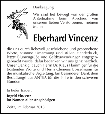 Traueranzeige von Eberhard Vincenz von Mitteldeutsche Zeitung Zeitz