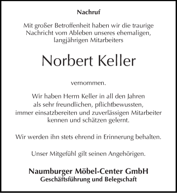 Traueranzeige von Norbert Keller von Mitteldeutsche Zeitung Naumburg/Nebra
