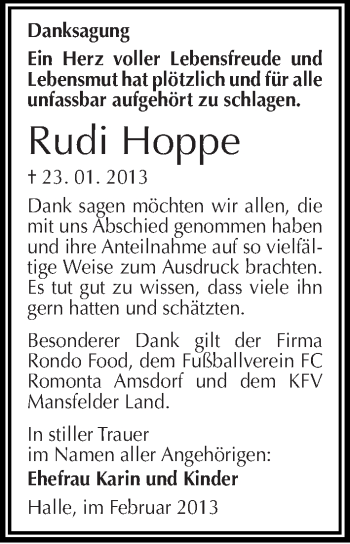 Traueranzeige von Rudi Hoppe von Mitteldeutsche Zeitung Halle/Saalkreis