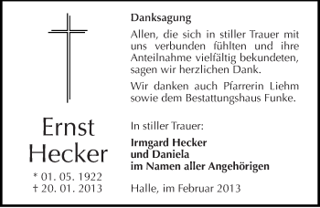 Traueranzeige von Ernst Hecker von Mitteldeutsche Zeitung Halle/Saalkreis