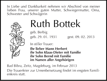 Traueranzeige von Ruth Bottek von Mitteldeutsche Zeitung Naumburg/Nebra