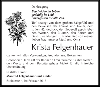 Traueranzeige von Krista Felgenhauer von Mitteldeutsche Zeitung Sangerhausen