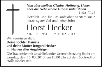 Traueranzeige von Horst Hecker von Mitteldeutsche Zeitung Halle/Saalkreis