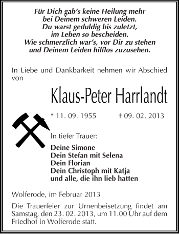 Traueranzeige von Klaus-Peter Harrlandt von Mitteldeutsche Zeitung Mansfelder Land