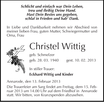 Traueranzeige von Christel Wittig von Mitteldeutsche Zeitung Mansfelder Land