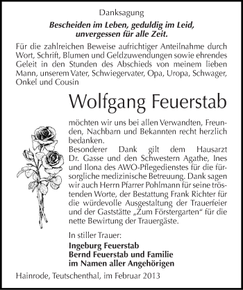 Traueranzeige von Wolfgang Feuerstab von Mitteldeutsche Zeitung Sangerhausen