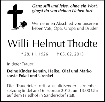 Traueranzeige von Willi Helmut Thodte von Mitteldeutsche Zeitung Bitterfeld