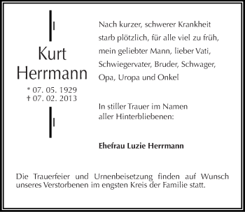 Traueranzeige von Kurt Herrmann von Mitteldeutsche Zeitung Dessau-Roßlau