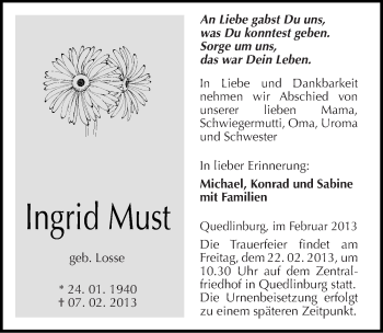 Traueranzeige von Ingrid Must von Mitteldeutsche Zeitung Quedlinburg