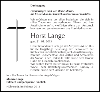 Traueranzeige von Horst Lange von Mitteldeutsche Zeitung Halle/Saalkreis
