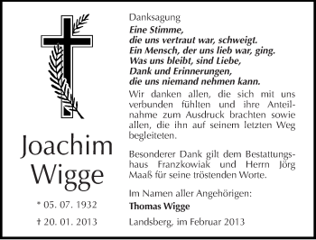 Traueranzeige von Joachim Wigge von Mitteldeutsche Zeitung Halle/Saalkreis