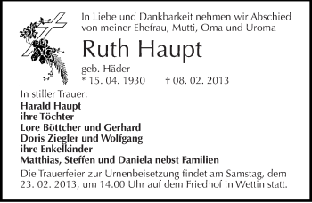 Traueranzeige von Ruth Haupt von Mitteldeutsche Zeitung Halle/Saalkreis