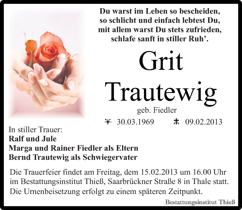  Traueranzeige für Grit Trautewig vom 13.02.2013 aus Mitteldeutsche Zeitung Quedlinburg