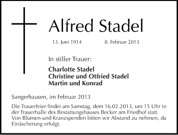 Traueranzeige von Alfred Stadel von Mitteldeutsche Zeitung Sangerhausen