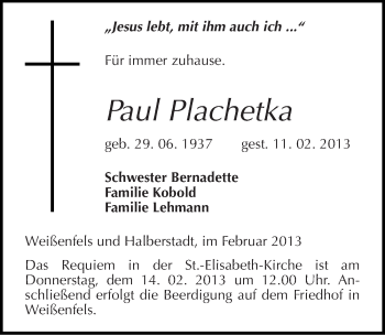 Traueranzeige von Paul Plachetka von Mitteldeutsche Zeitung Weißenfels