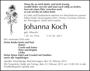 Traueranzeige von Johanna Koch von Mitteldeutsche Zeitung Naumburg/Nebra