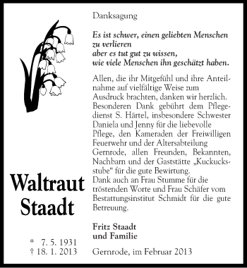 Traueranzeige von Waltraut Staadt von Mitteldeutsche Zeitung Quedlinburg