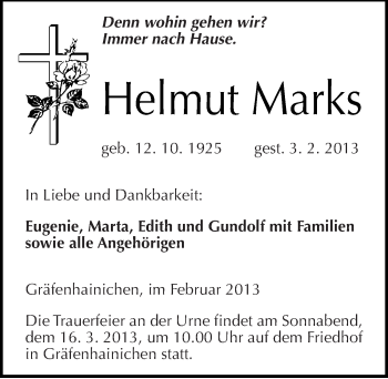 Traueranzeige von Helmut Marks von Mitteldeutsche Zeitung Wittenberg
