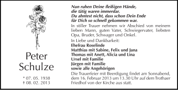 Traueranzeige von Peter Schulze von Mitteldeutsche Zeitung Aschersleben