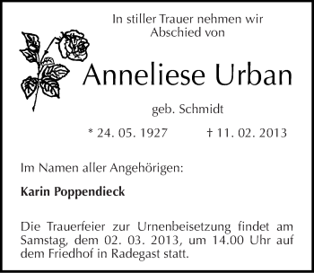 Traueranzeige von Anneliese Urban von Mitteldeutsche Zeitung Köthen