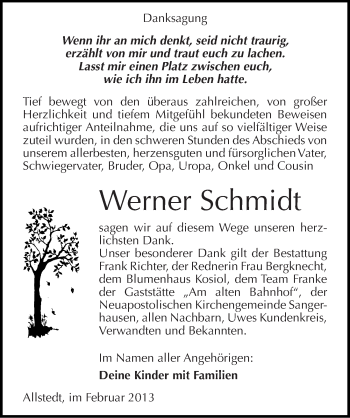 Traueranzeige von Werner Schmidt von Mitteldeutsche Zeitung Sangerhausen