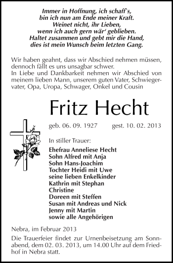 Traueranzeige von Fritz Hecht von Mitteldeutsche Zeitung Naumburg/Nebra