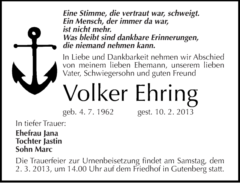  Traueranzeige für Volker Ehring vom 16.02.2013 aus Mitteldeutsche Zeitung Halle/Saalkreis