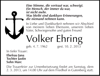 Traueranzeige von Volker Ehring von Mitteldeutsche Zeitung Halle/Saalkreis