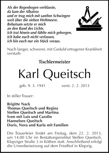 Traueranzeige von Karl Queitsch von Mitteldeutsche Zeitung Köthen