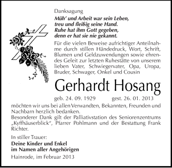 Traueranzeige von Gerhardt Hosang von Mitteldeutsche Zeitung Sangerhausen