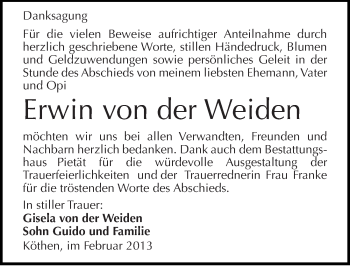 Traueranzeige von Erwin von der Weiden von Mitteldeutsche Zeitung Köthen