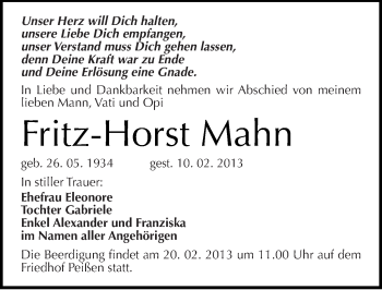 Traueranzeige von Fritz-Horst Mahn von Mitteldeutsche Zeitung Halle/Saalkreis