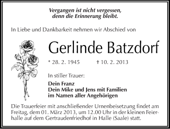 Traueranzeige von Gerlinde Batzdorf von Mitteldeutsche Zeitung Halle/Saalkreis