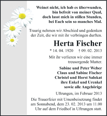 Traueranzeige von Herta Fischer von Mitteldeutsche Zeitung Köthen