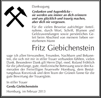 Traueranzeige von Fritz Giebichenstein von Mitteldeutsche Zeitung Mansfelder Land