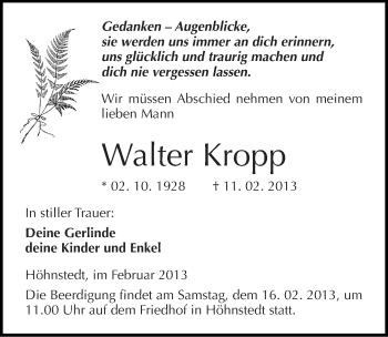 Traueranzeige von Walter Kropp von Mitteldeutsche Zeitung Halle/Saalkreis