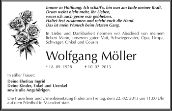 Traueranzeige von Wolfgang Möller von Mitteldeutsche Zeitung Köthen