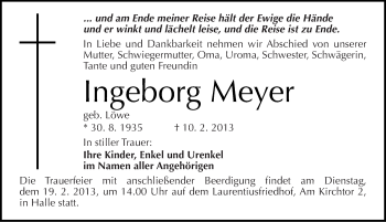 Traueranzeige von Ingeborg Meyer von Mitteldeutsche Zeitung Halle/Saalkreis
