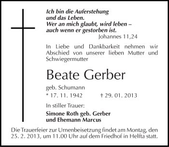 Traueranzeige von Beate Gerber von Mitteldeutsche Zeitung Mansfelder Land