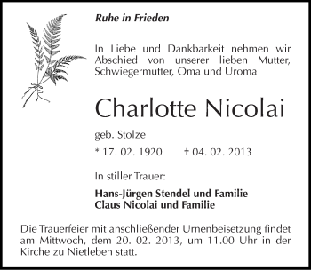 Traueranzeige von Charlotte Nicolai von Mitteldeutsche Zeitung Halle/Saalkreis