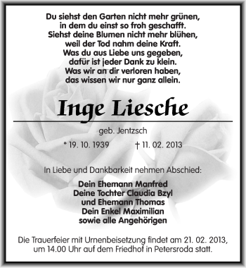 Traueranzeige von Inge Liesche von Mitteldeutsche Zeitung Bitterfeld