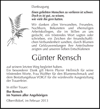 Traueranzeige von Günter Rensch von Mitteldeutsche Zeitung Mansfelder Land