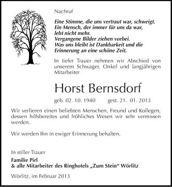 Traueranzeige von Horst Bernsdorf von Mitteldeutsche Zeitung Wittenberg