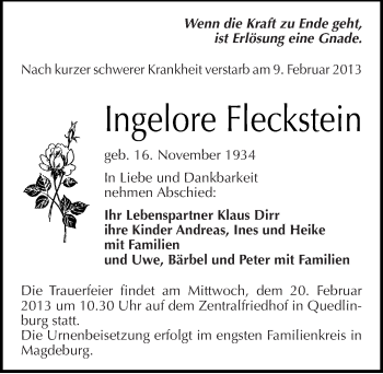 Traueranzeige von Ingelore Fleckstein von Mitteldeutsche Zeitung Quedlinburg