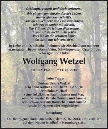 Traueranzeige von Wolfgang Wetzel von Mitteldeutsche Zeitung Naumburg/Nebra