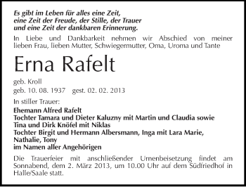 Traueranzeige von Erna Rafelt von Mitteldeutsche Zeitung Halle/Saalkreis