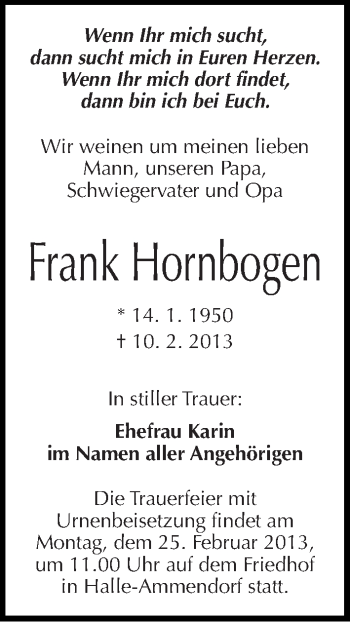 Traueranzeige von Frank Hornbogen von Mitteldeutsche Zeitung Halle/Saalkreis