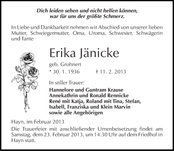 Traueranzeige von Erika Jänicke von Mitteldeutsche Zeitung Sangerhausen