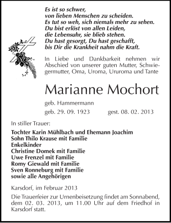 Traueranzeige von Marianne Mochort von Mitteldeutsche Zeitung Naumburg/Nebra