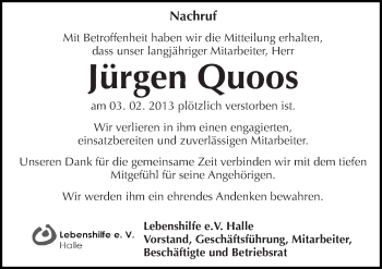 Traueranzeige von Jürgen Quoos von Mitteldeutsche Zeitung Halle/Saalkreis